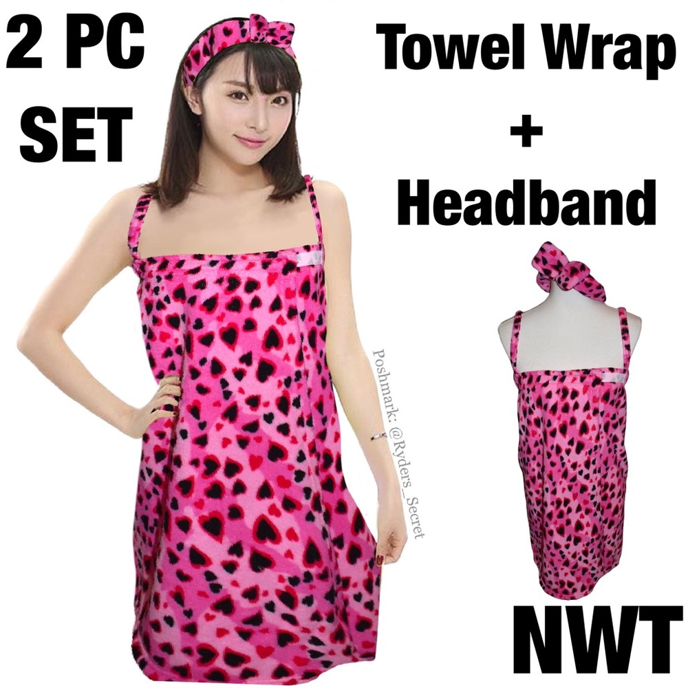 2 PC Set Plush Leopard Heart Print Towel Wrap + Headband 5 6 7 8 9 10 y/o